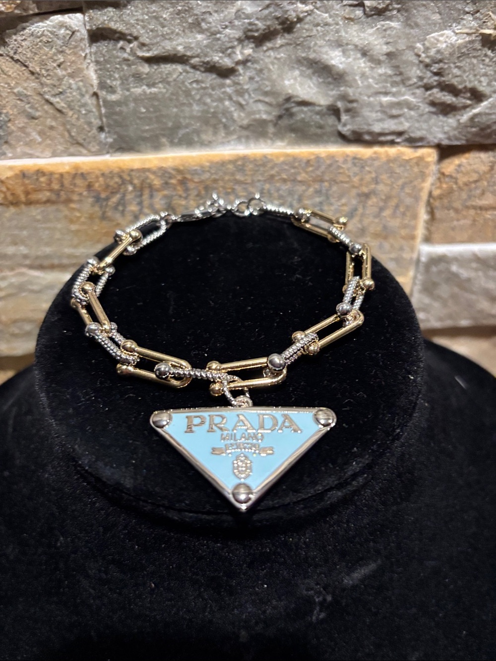 Prada Two-Tone Chain Bracelet with Light Blue Enamel Triangle Logo